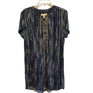 MICHAEL KORS NAVY BLUE LEOPARD PRINT DRESS SIZE XL GOLD CHAIN DETAIL